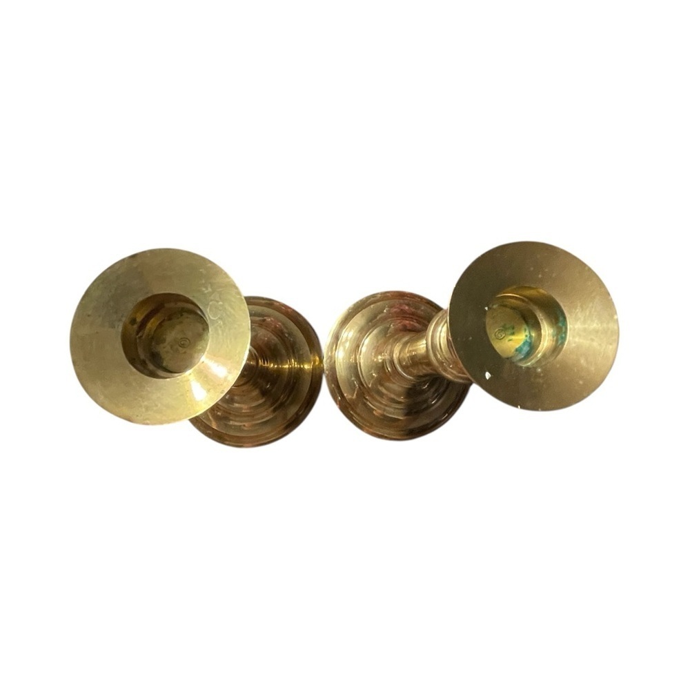 Vtg Brass Candlestick Holders Pair Fluted Column Round Step Base Heavy MCM 10" - Picture 5 of 8